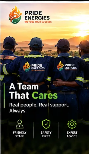 The Pride Energies crew standing together at sunset